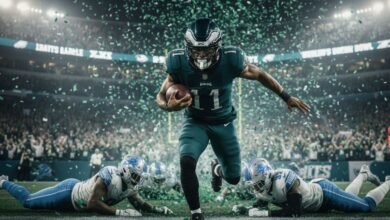 a cinematic shot of jalen hurts sprinting - Image generated by AI for representational purposes.