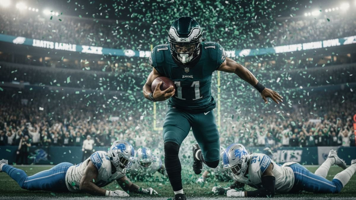 a cinematic shot of jalen hurts sprinting - Image generated by AI for representational purposes.