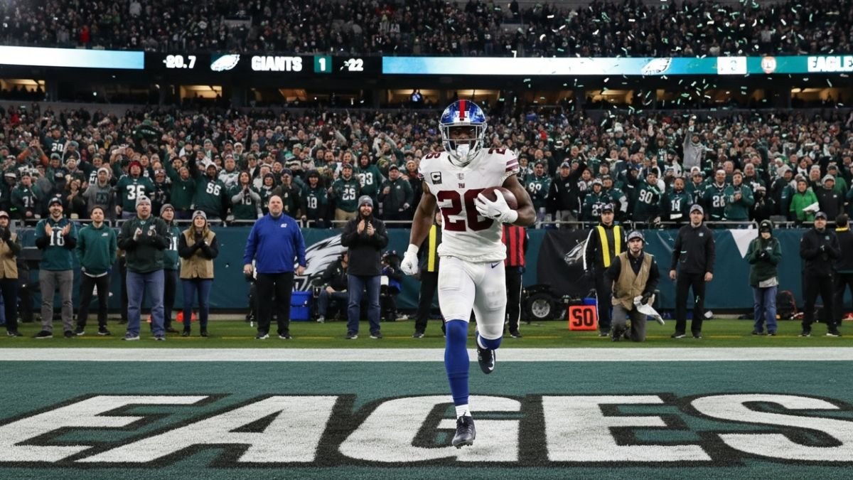 a wide angle shot of saquon barkley sprinting - Image generated by AI for representational purposes.