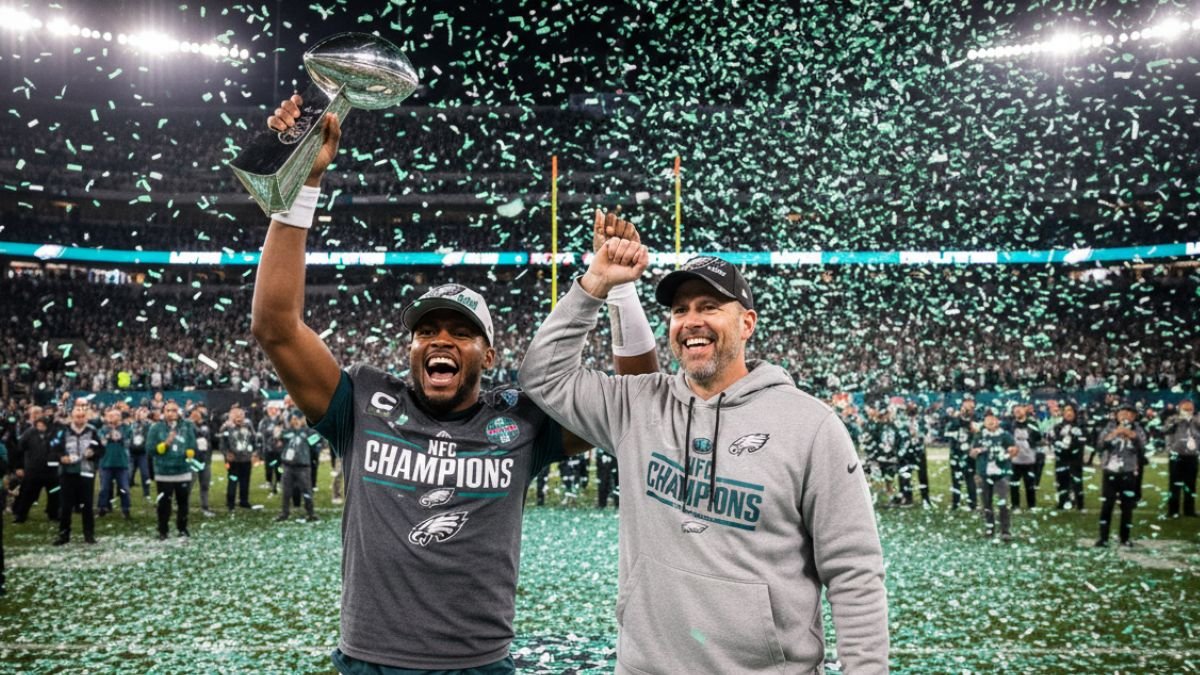 jalen hurts and nick sirianni hoisting the george halas trophy - Image generated by AI for representational purposes.