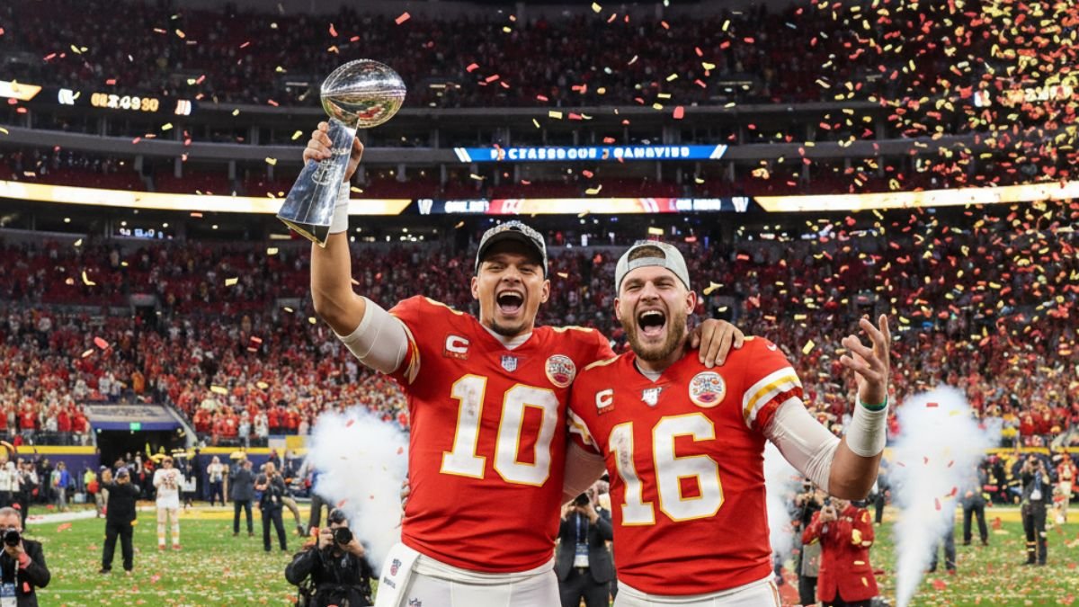 mahomes and kelce celebrating - Image generated by AI for representational purposes.